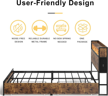 HAUSOURCE Queen Bed Frame with 2-Tier Storage Headboard and 2 Drawers LED Lights Bed Frame Queen Size Metal Platform Non-Slip Without Noise No Box Spring Needed Brown