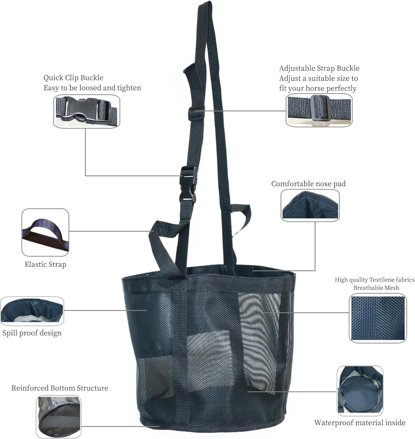Nuburbur Horse Feed Bag for Grain, Medium, Heavy Duty Durable Mesh Horse Feeder with Adjustable Strap, Comfortable Neck, Reinforced Waterproof Bottom Horse Muzzle Feed Bag