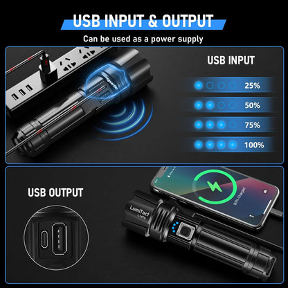Lumitact LED Torch Rechargeable Flashlight, 30000 Lumens Super Bright Torch Light, USB Powerful Handheld Torches, Waterproof Tactical Flash Light for Emergency Camping Gift