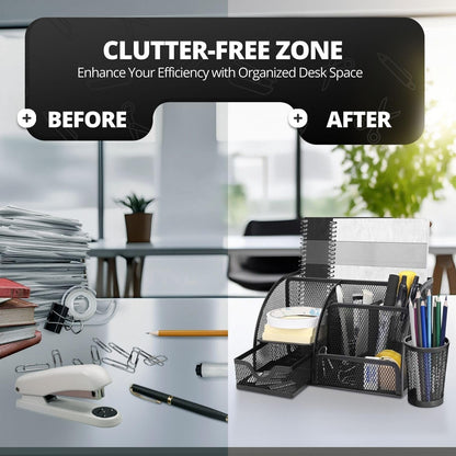 Flexzion Desk Top Caddy Organizer - Black Office Desk Accessories Organizer and Storage - Metal Mesh Desk with 6 Compartments, Drawer and Pen Holder