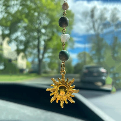 Sun Hanging Car Charm,Green and Gold Rear View Mirror Accessories Cute Boho Dangling Sun Car Decor Handmade Healing Crystals Stones Ornament Gifts for Women Men (Green)