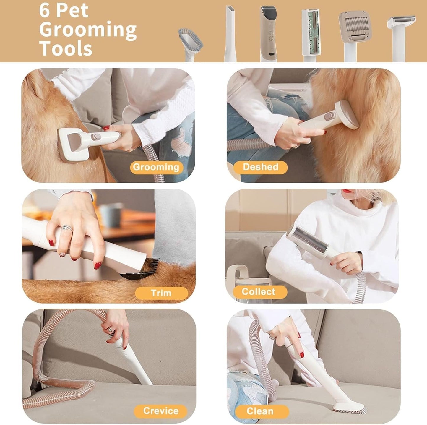 Redroad P17 Dog Grooming 400W, 6-in-1 Function, 3 Speed Settings, For Pet Grooming, Shaving, and Vacuuming, Quiet Design for Trimming Cat and Dog Hair, Vacuum Suction Removes 99% of Pet Hair