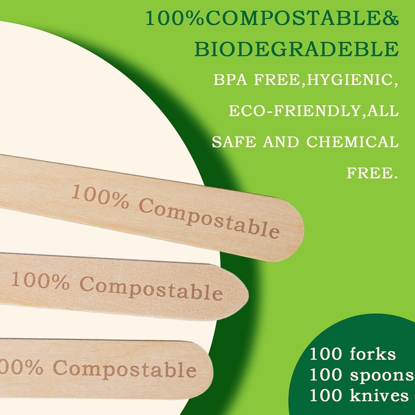 Disposable Wooden Forks -Pack of 100, 6.5" Length-Biodegradable, Natural Wooden Utensils, Great for Parties,Camping,Weddings&Dinner Events (Forks)