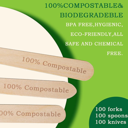 Disposable Wooden Forks -Pack of 100, 6.5" Length-Biodegradable, Natural Wooden Utensils, Great for Parties,Camping,Weddings&Dinner Events (Forks)