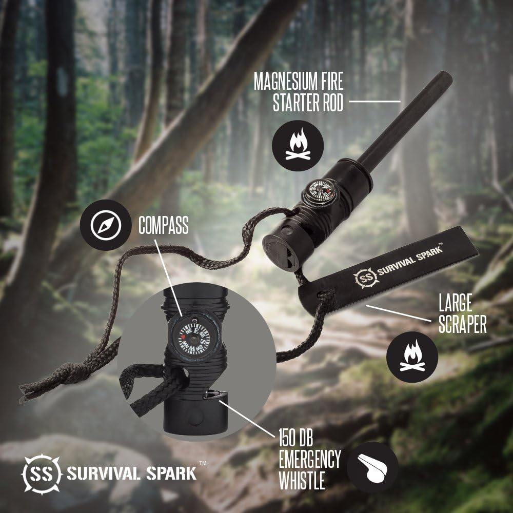 Survival Spark Magnesium Survival Fire Starter with Compass and Whistle