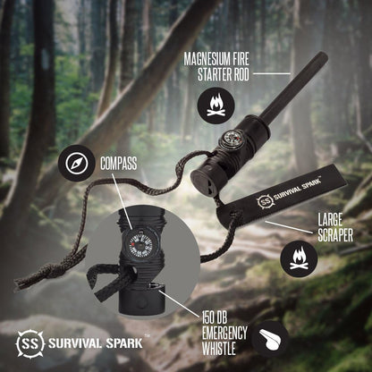 Survival Spark Magnesium Survival Fire Starter with Compass and Whistle