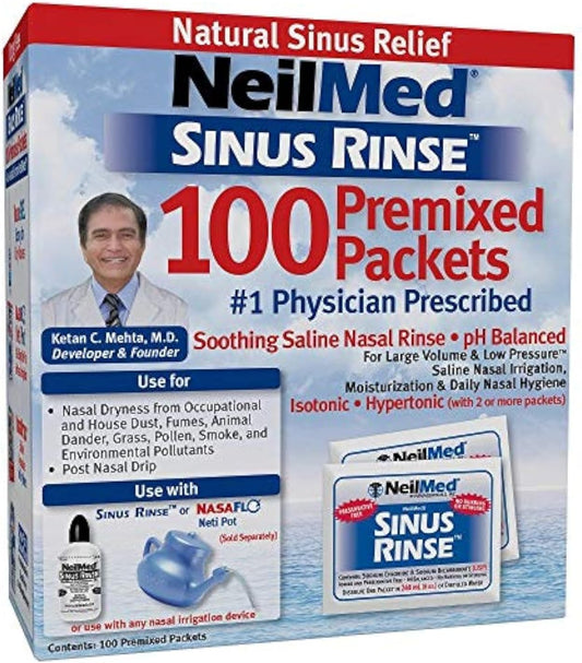 NeilMed Sinus Rinse 100 Premixed Packets – All Natural Nasal Irrigation for Sinus Relief, Moisturization, and Daily Hygiene – Drug-Free, Preservative-Free