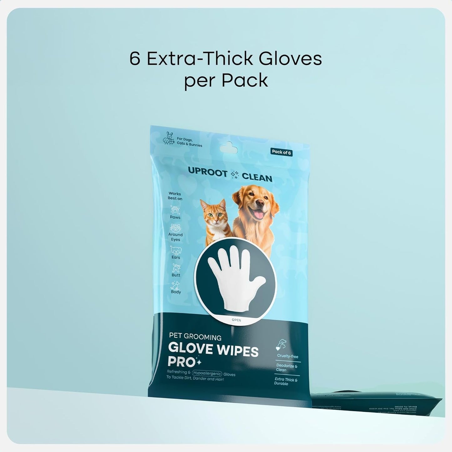 Uproot Clean Dog Cleaning Gloves: 1 Month Supply - Extra-Thick Pet Glove Wipes for Dogs & Cats - Easy Wipe Paws, Eyes, Ears, Butt, & Body - Lick-Safe - Cleaning, Deodorizing & Grooming (6 Pack)