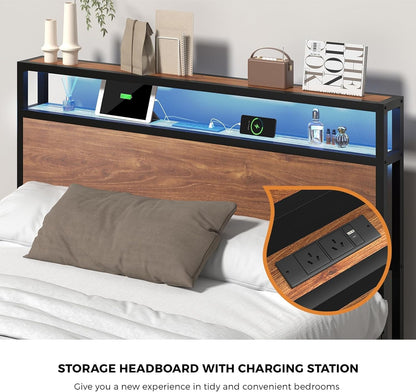 Oikiture King Bed Frame with Led Light and Charge Station Metal Bed with 4 Drawers