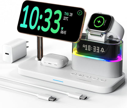 5 in 1 Wireless Charger with Alarm Clock for A pple,Mag-Safe Charging Station for iPhone 16/15/14/13/12,iWatch Series 10/9/Ultra 2/8/7/SE/SE2/6/5,Air-Pods 4/3/Pro/2,Magnetic Charger Stand(White)