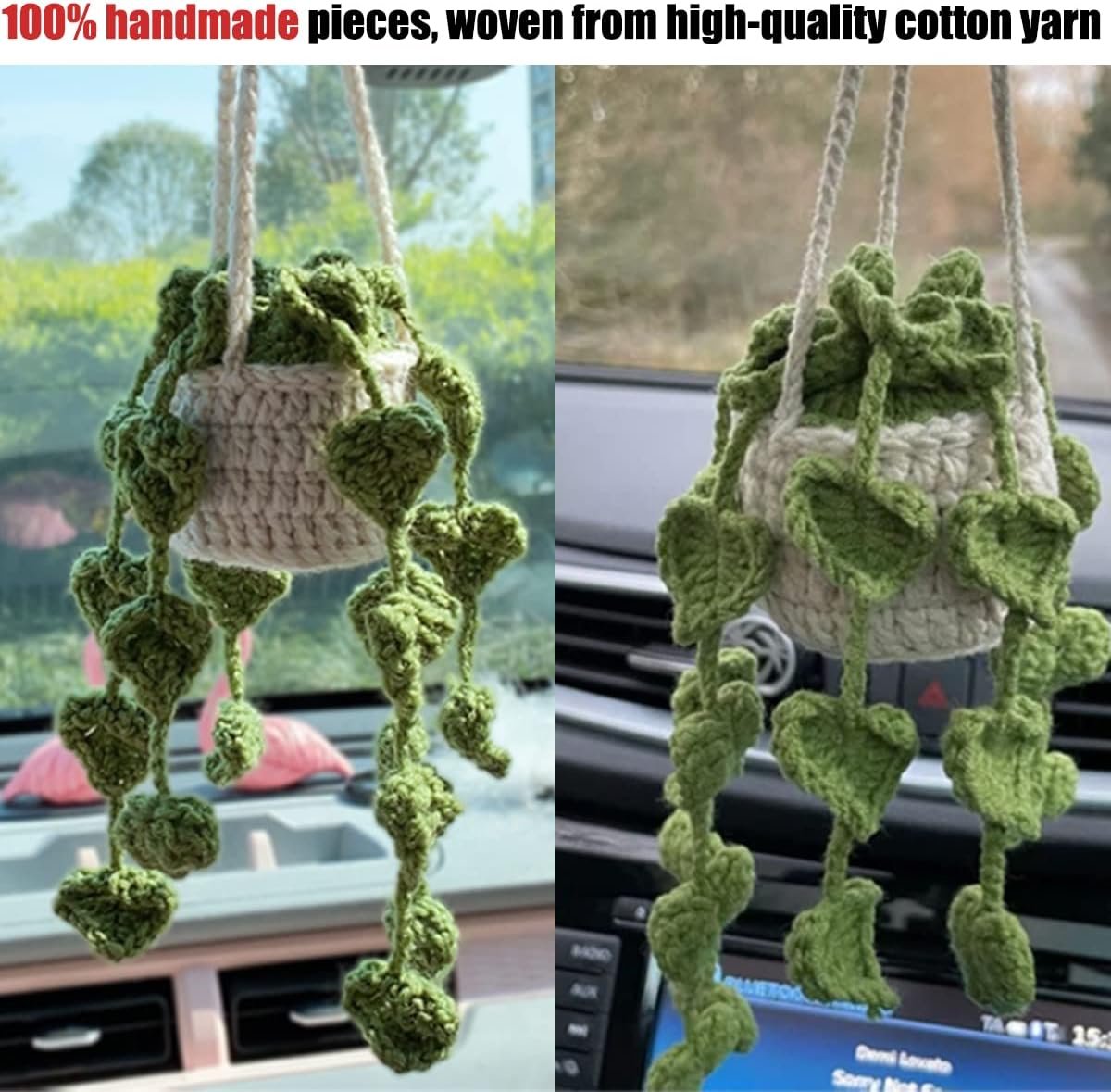 XINLIYA Crochet Cute Potted Plants, Hanging Handmade Knitted Decor for Women Men, Woven Cute Charms Ornament Pendant, Car Accessories Interior Aesthetic (Coffee/Green)