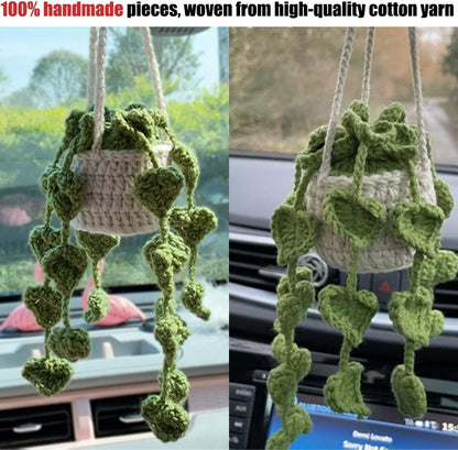 XINLIYA Crochet Cute Potted Plants, Hanging Handmade Knitted Decor for Women Men, Woven Cute Charms Ornament Pendant, Car Accessories Interior Aesthetic (Coffee/Green)