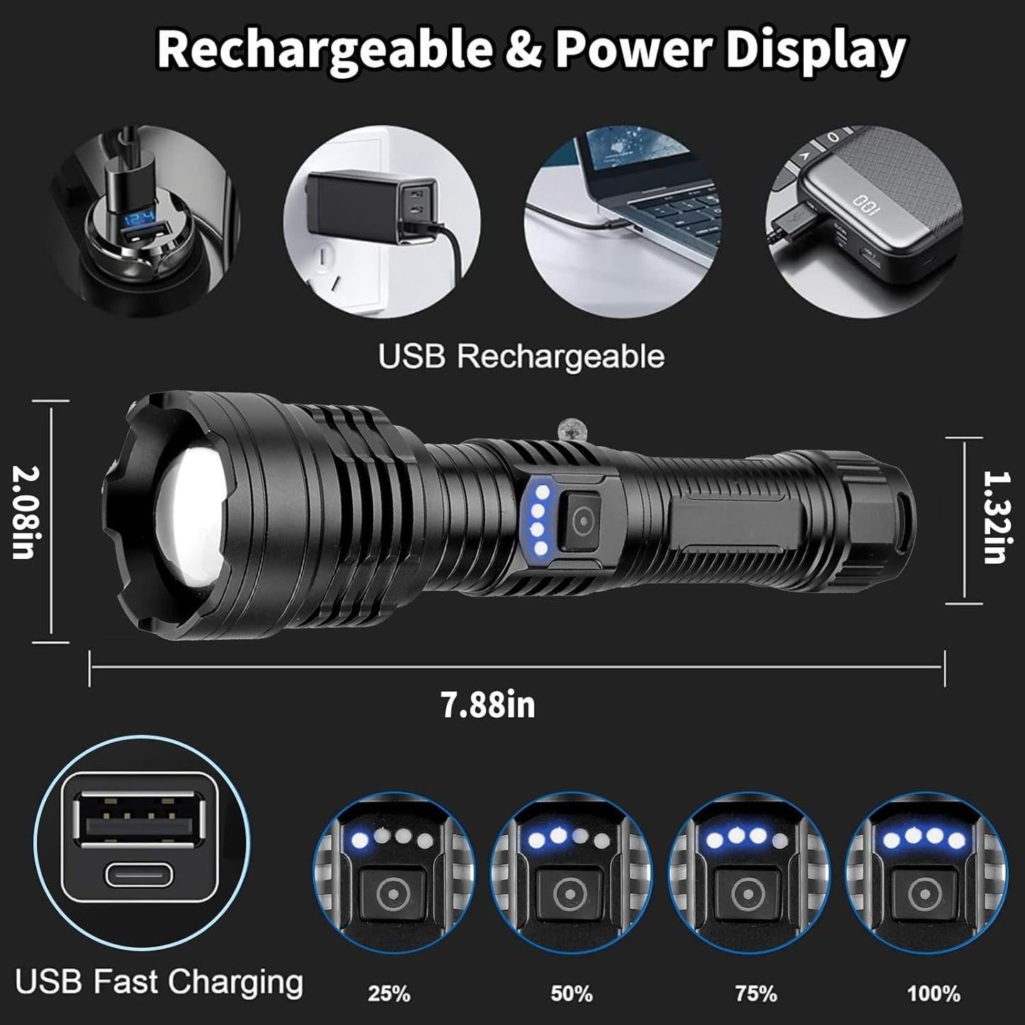 Chasinglee 990,000 Lumens Rechargeable LED Flashlight - Super Bright Tactical Flashlight with Type-C Charging, 5 Modes, IPX5 Waterproof - Ideal for Camping, Hiking, Emergencies