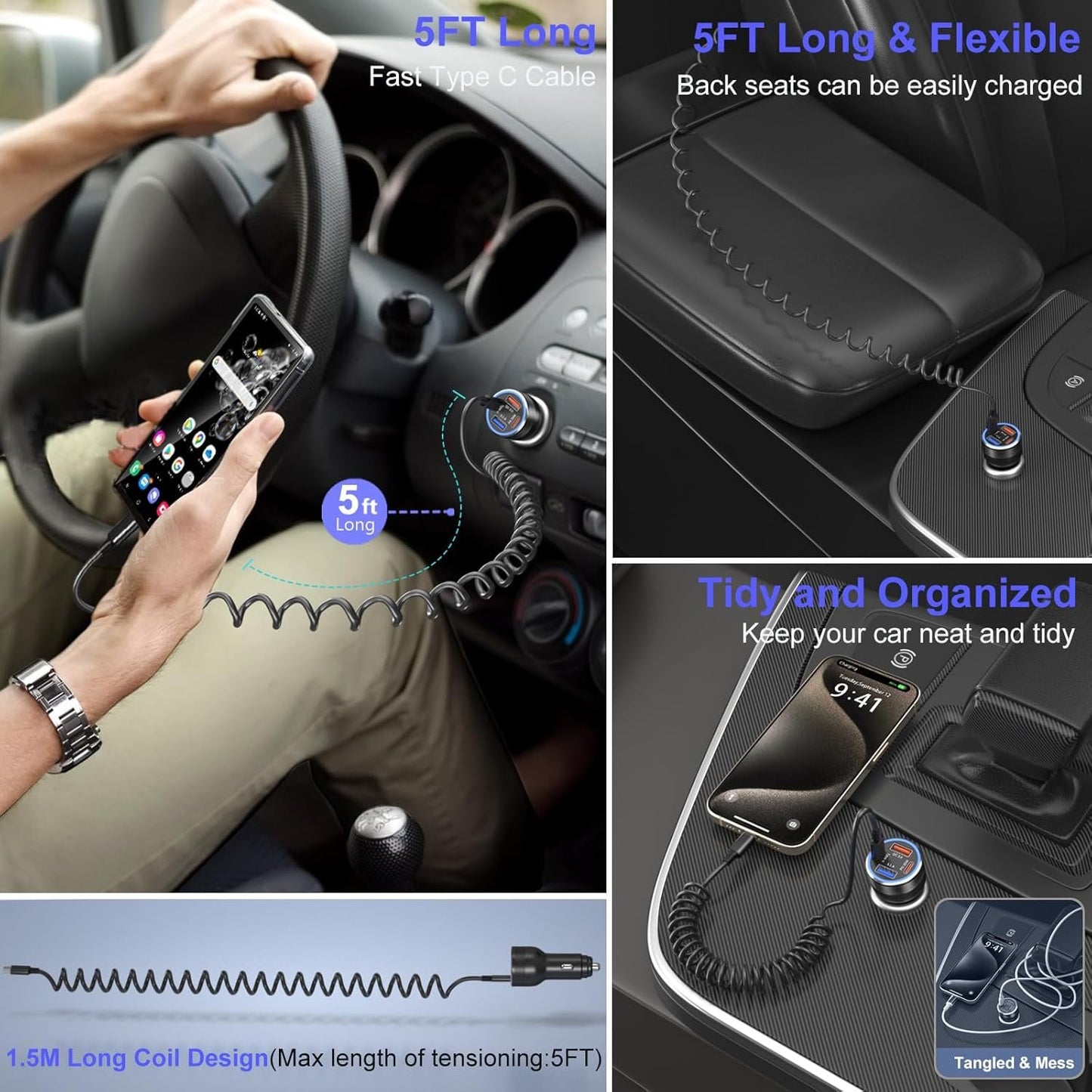 USB C Car Charger, 65W 4-Fast Port Dual 12V USB-C & USB-A Car Phone Charger PD&QC3.0 Super Fast Car Cigarette Lighter Adapter for iPhone 16 15 Pro Max Plus iPad, Samsung S24/S23 Ultra+5ft Type C Cable