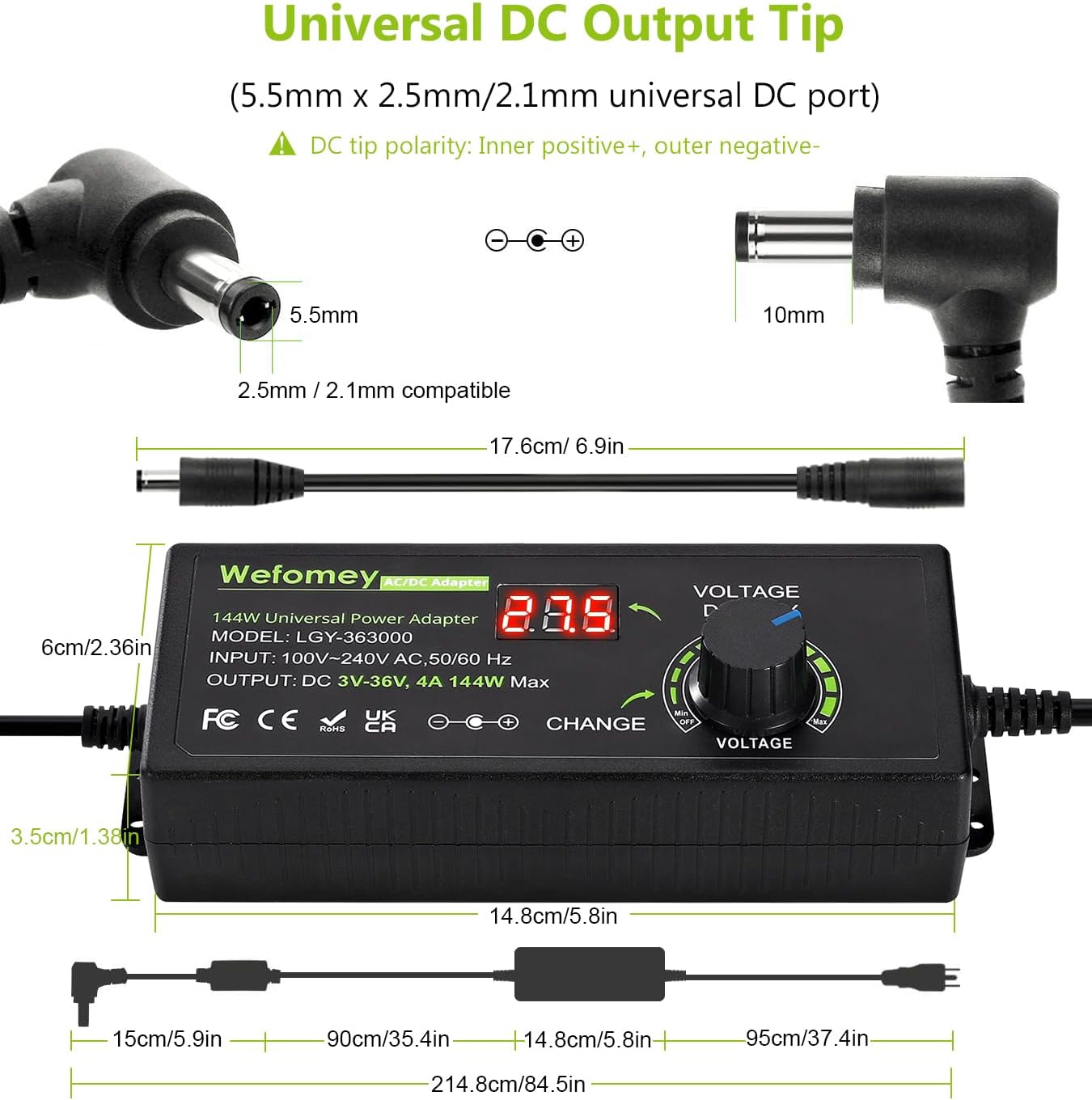 Adjustable Power Adapter 3V-36V 4A 144W, Universal AC/DC 100V-240V AC to DC Adapter with 14 Tips and Polarity Converter for Home Electronics and USB Devices, 4000mA Max