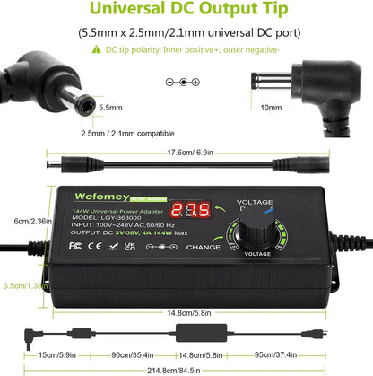 Adjustable Power Adapter 3V-36V 4A 144W, Universal AC/DC 100V-240V AC to DC Adapter with 14 Tips and Polarity Converter for Home Electronics and USB Devices, 4000mA Max