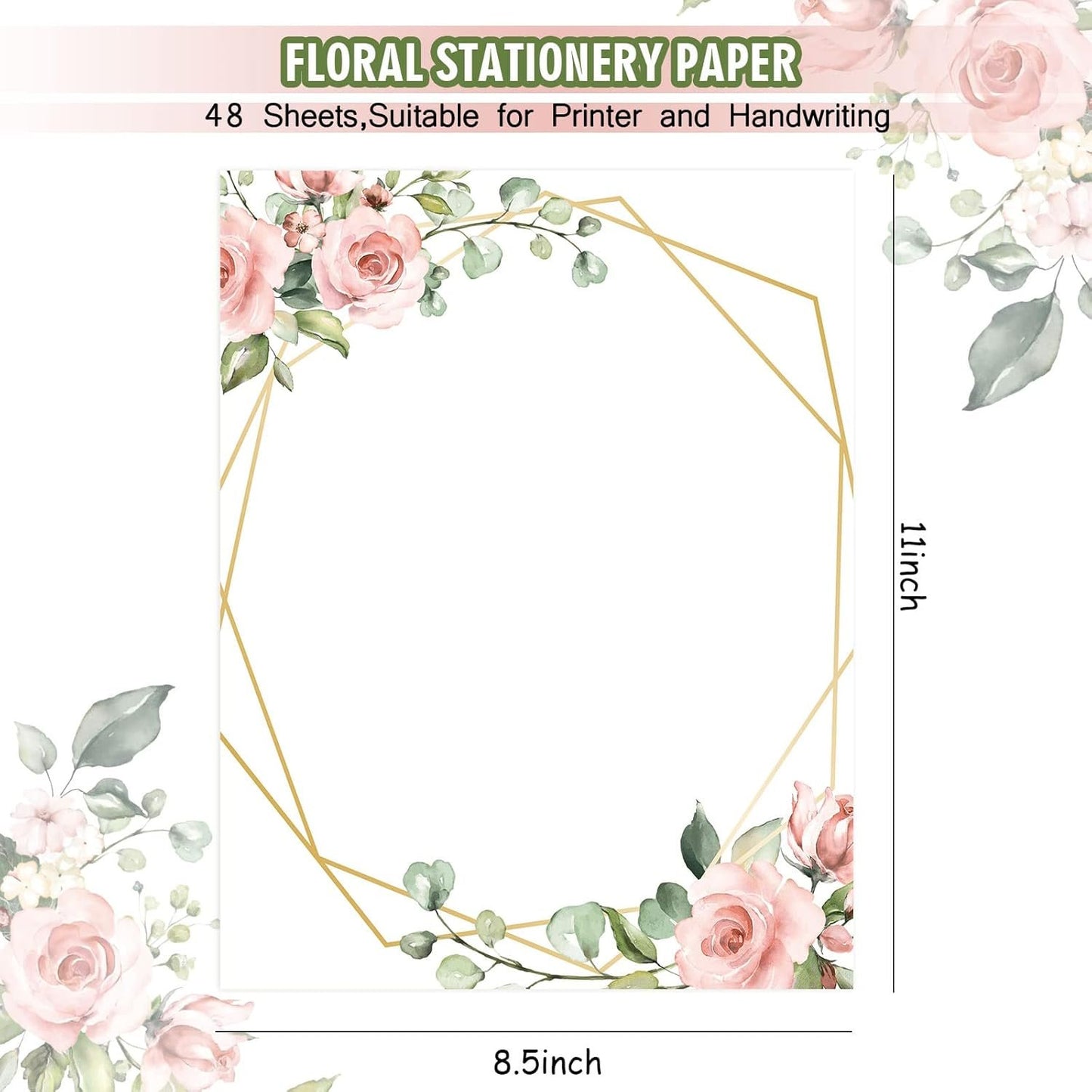 AnyDesign 48 Sheet Floral Stationery Letterhead Paper Pink Flower Letter Writing Paper Wedding Floral Border Paper Notes Greeting Paper for Wedding Party Invitations School Printing, 8.5x11 Inch