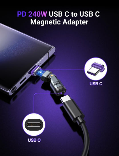 AUFU PD 240W 16PIN USB C Magnetic Adapter(2Pack)/180 ° Rotation USB C 90 Degree Adapter/Right Angle USB Adapter/Magnetic C to C for 1Phone 16/15 Series, Ma-Book /1Pad Series, Samsung Galaxy