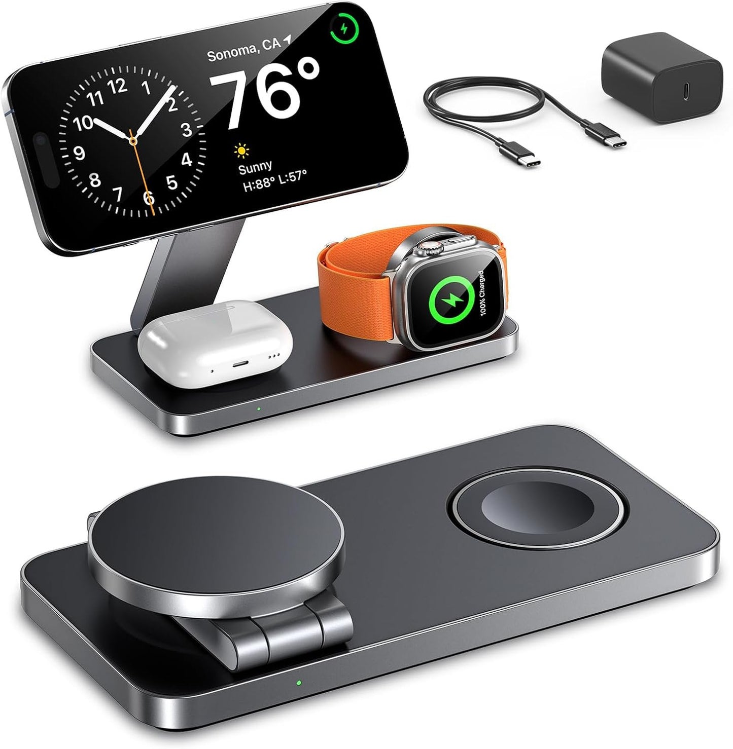 EXW Foldable 3 in 1 Wireless Charging Station for Apple Compatible with Mag Safe Charger Stand,Magnetic Wireless Charger Station for iPhone 16 15 14 13 12 Series,Airpods Pro,Apple Watch (All Black)