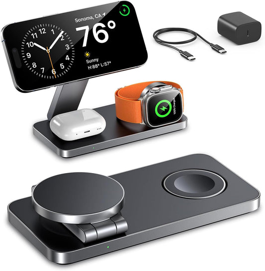 EXW Foldable 3 in 1 Wireless Charging Station for Apple Compatible with Mag Safe Charger Stand,Magnetic Wireless Charger Station for iPhone 16 15 14 13 12 Series,Airpods Pro,Apple Watch (All Black)