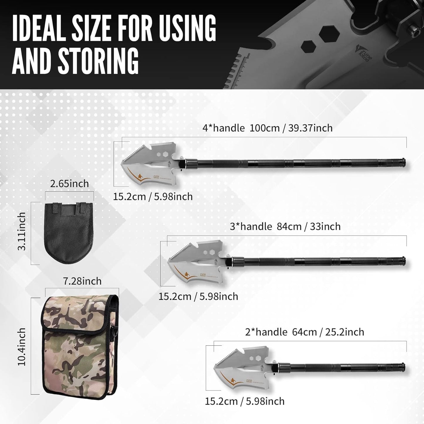Zune Lotoo Survival Shovel Multitool, 18 in 1 Military Folding Camping Shovel, Foldable Shovel Tactical Spade for Hiking Backpack Car Entrenching Emergency Gear Camping Tools Survival Kits
