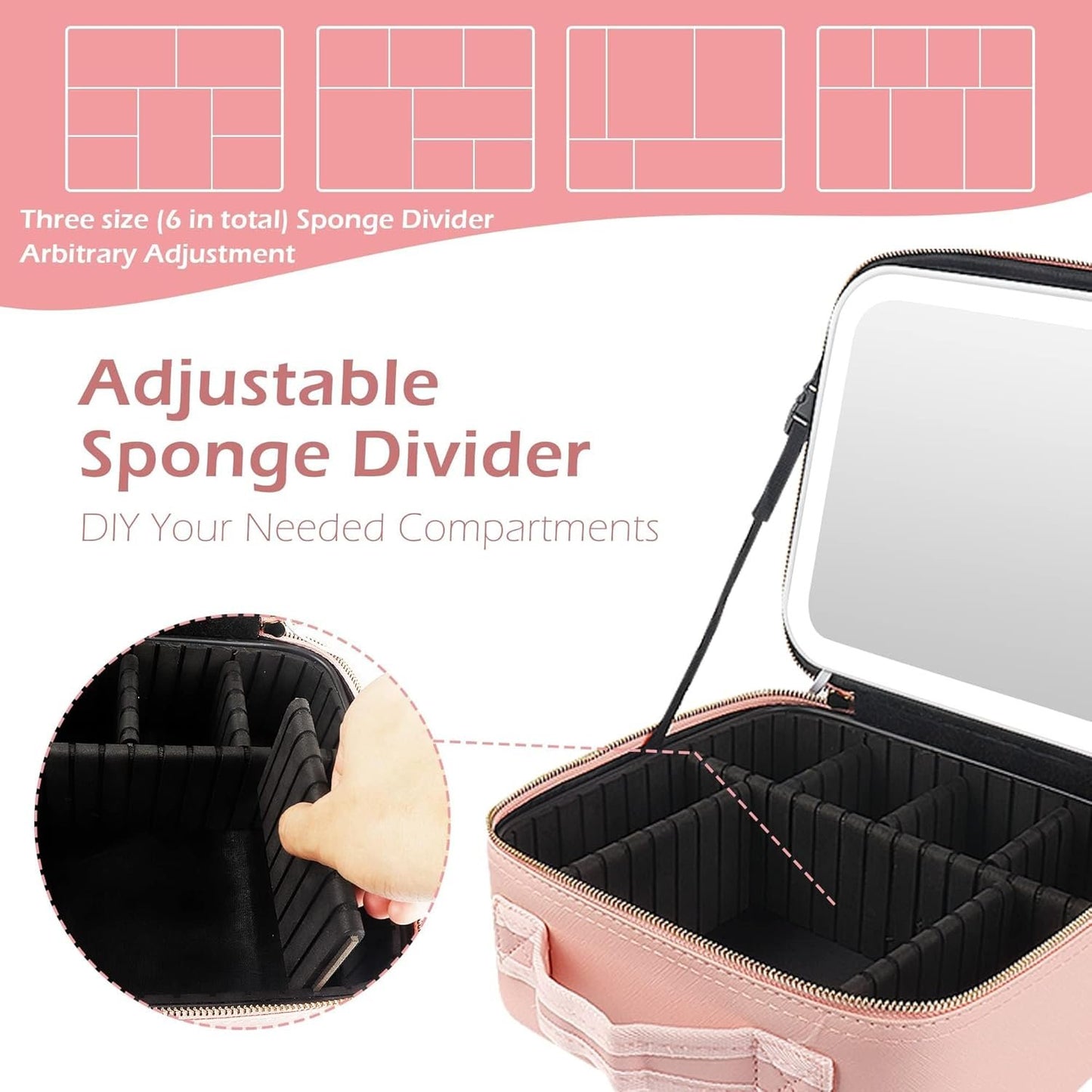 MOMIRA Travel Makeup Case with Large Lighted Mirror Partitionable Cosmetic Bag Professional Cosmetic Artist Organizer, Waterproof Portable, Accessories Case, Tools Case Pink