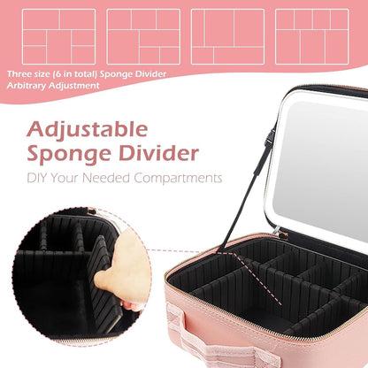 MOMIRA Travel Makeup Case with Large Lighted Mirror Partitionable Cosmetic Bag Professional Cosmetic Artist Organizer, Waterproof Portable, Accessories Case, Tools Case Pink