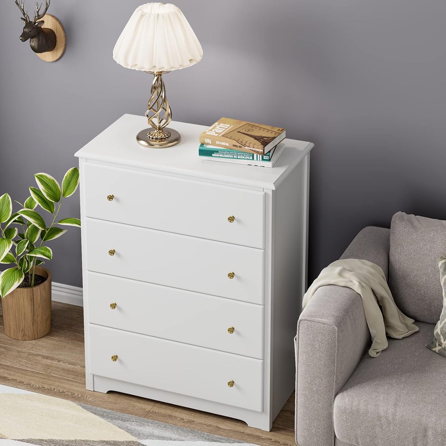 HOCSOK Chest of Drawers, Bedside Table with 4 Drawers, Multi-purpose Modern Design Wooden Cabinet for Bedroom, Hallway, Living Room, White, 74 x 40 x 94 cm