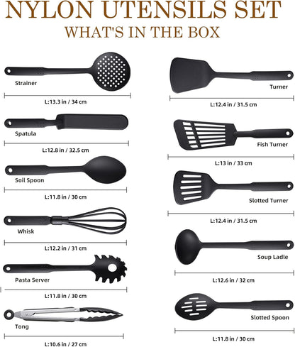 TJ POP Kitchen Utensils Set of 11 Pcs, Non-Stick Cooking Utensils Set 410°F Heat Resistant, BPA-Free Nylon Utensil Set, Kitchen Gadgets Accessories Tools for Cookware (Black)