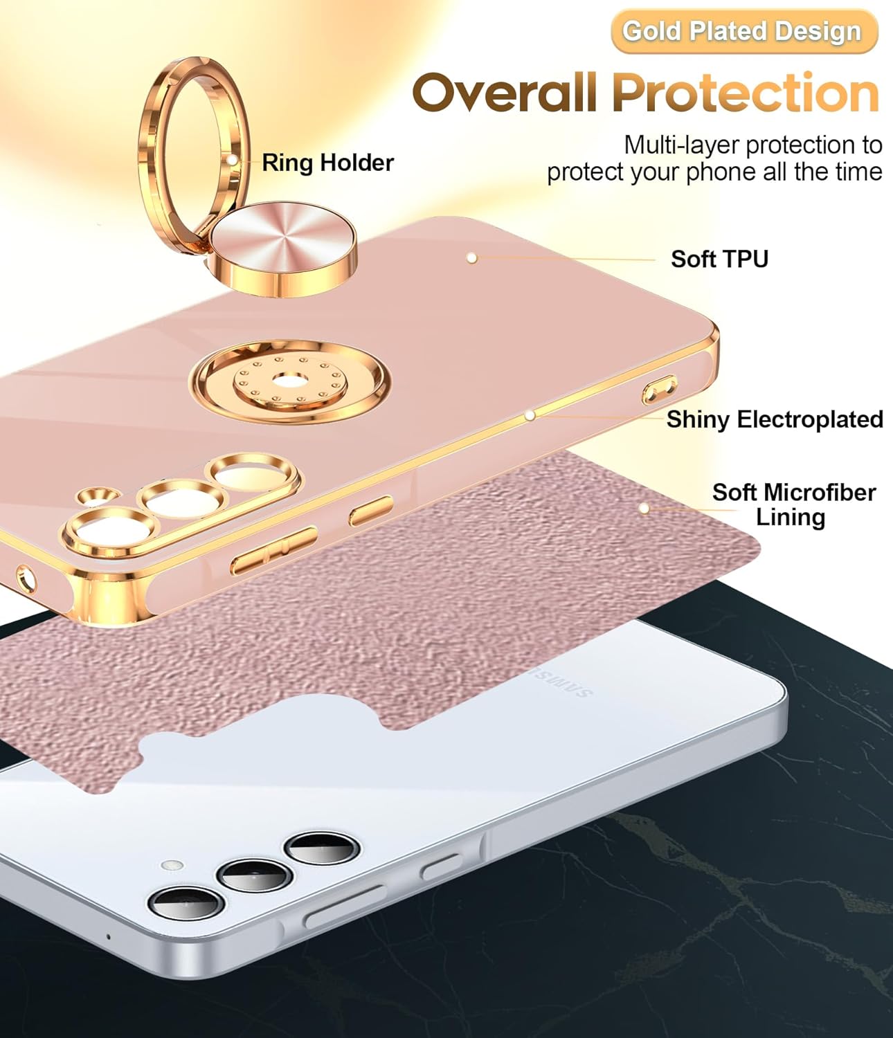 LeYi for Samsung Galaxy A55-5G Case: Samsung A55 Case with Slim Fit Soft 360° Ring Holder Kickstand Support Car Mount Shockproof Plated Gold Edge for Galaxy A55 5G Case, Pink