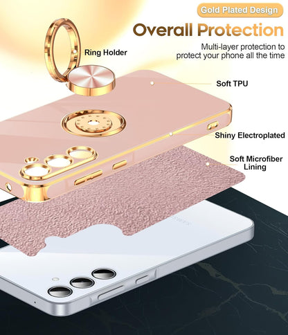 LeYi for Samsung Galaxy A55-5G Case: Samsung A55 Case with Slim Fit Soft 360° Ring Holder Kickstand Support Car Mount Shockproof Plated Gold Edge for Galaxy A55 5G Case, Pink