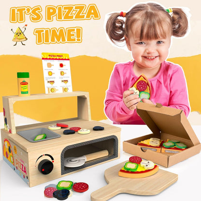 HELLOWOOD Wooden Pizza Counter Play Set Top & Bake Toy Set with Pizza Cutter 49 PCS Pretend Play Food Kitchen Set for Preschoolers Kids Boys Girls Ages 3+…