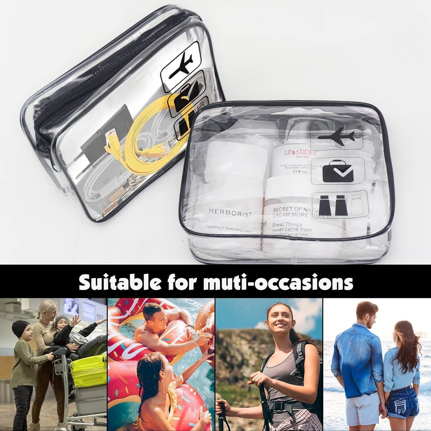 Airport Security Liquids Bag 20X20cm Clear Toiletry Bag Hand Luggage Regulations Waterproof Liquids Wash Bags Travel Accessory Holiday Essential (Black Bigger Zipper Model 2pcs)