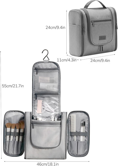 Travel Toiletry Bag for Women and Men, Travel Makeup Bag with Hanging Hook, Large Capacity Water-Resistant Organizer, Cosmetic Bathroom Travel Bag for Toiletries Accessories, Shampoo (Gray)