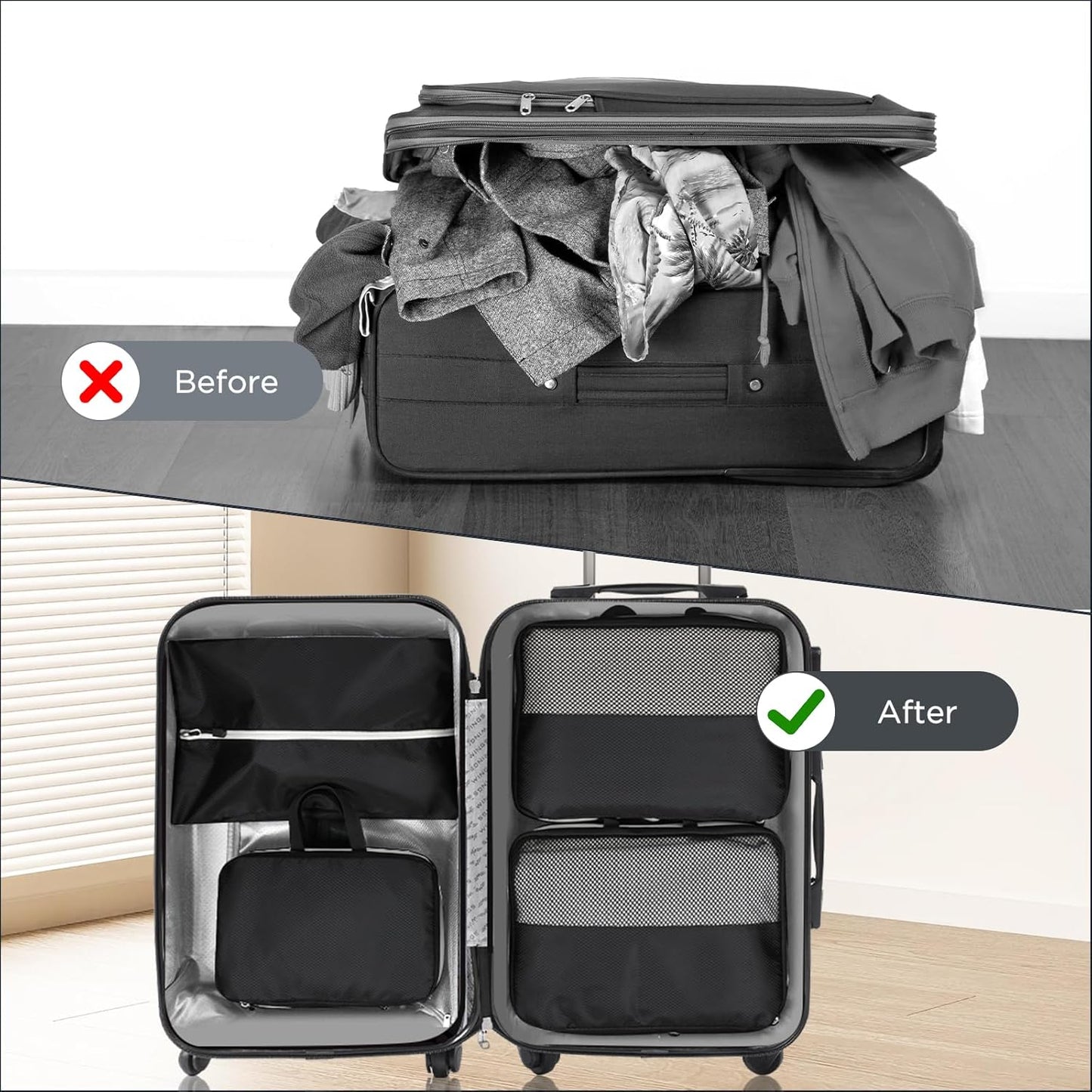 AiQInu 4-Piece Suitcase Organizer, Compression Packing Cube Space-Saving Expandable Ultralight Travel Organizer for Clothes, Shoes, Underwear Travel Set for Backpacks or Hand Luggage