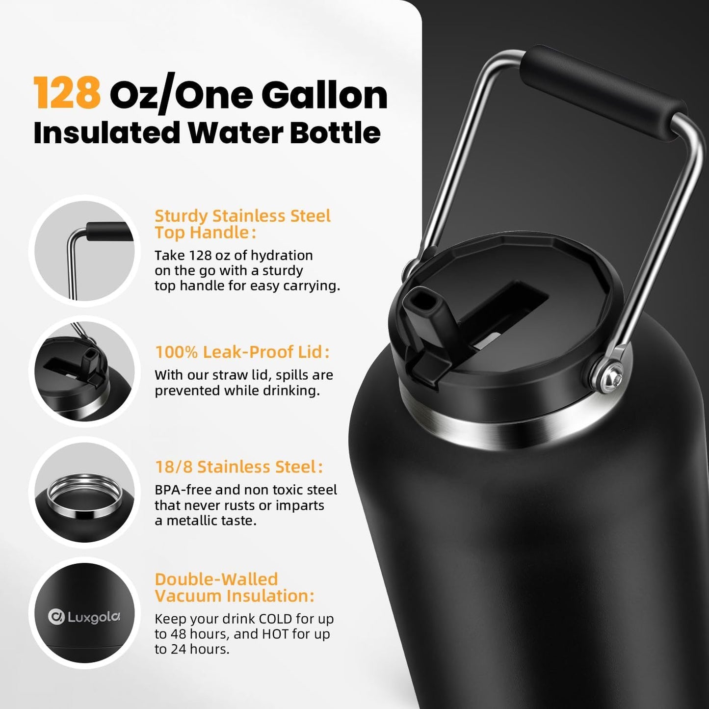 Luxgola 128 oz Insulated Water Bottle with Straw Lid and Handle, One Gallon Stainless Steel Double Vacuum Water Jug for Hot & Cold Drinks - Sweat Proof, Great for Travel, Hiking, Camping - Olive Green