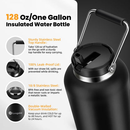 Luxgola 128 oz Insulated Water Bottle with Straw Lid and Handle, One Gallon Stainless Steel Double Vacuum Water Jug for Hot & Cold Drinks - Sweat Proof, Great for Travel, Hiking, Camping - Olive Green