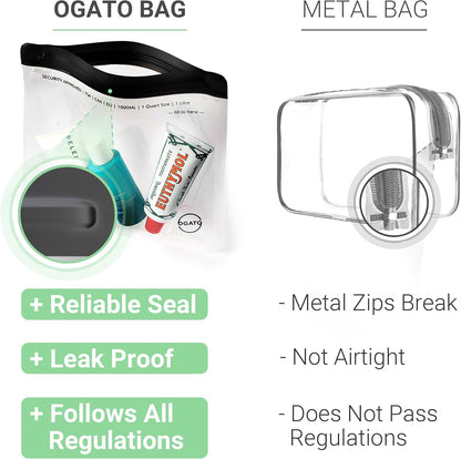 Ogato 3pcs - TSA Approved Toiletry Bag - Our Quart Size Clear Toiletry Bags are Security Approved Worldwide for Liquids & Cosmetics 3-1-1 Compliant Clear Travel Bags for Toiletries, Black, Air Tight