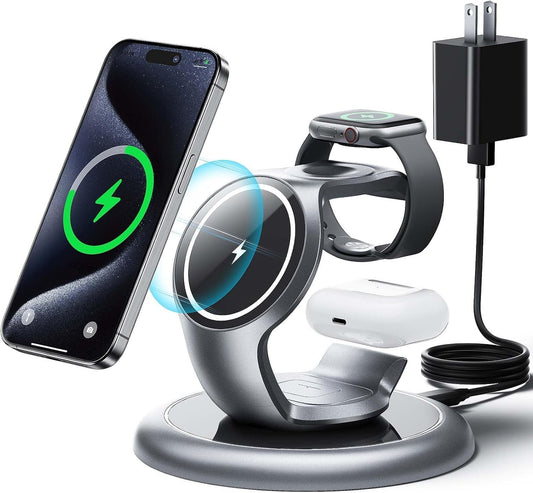 EXW Wireless Charging Station for Magsafe Charger, 3 in 1 Wireless Charger for Apple, Fast Magnetic Charger Stand for iPhone 16/15/14/13/12 Series,Apple Watch 2-10/Ultra,Airpods 4/3/2 Pro (SilverGrey)