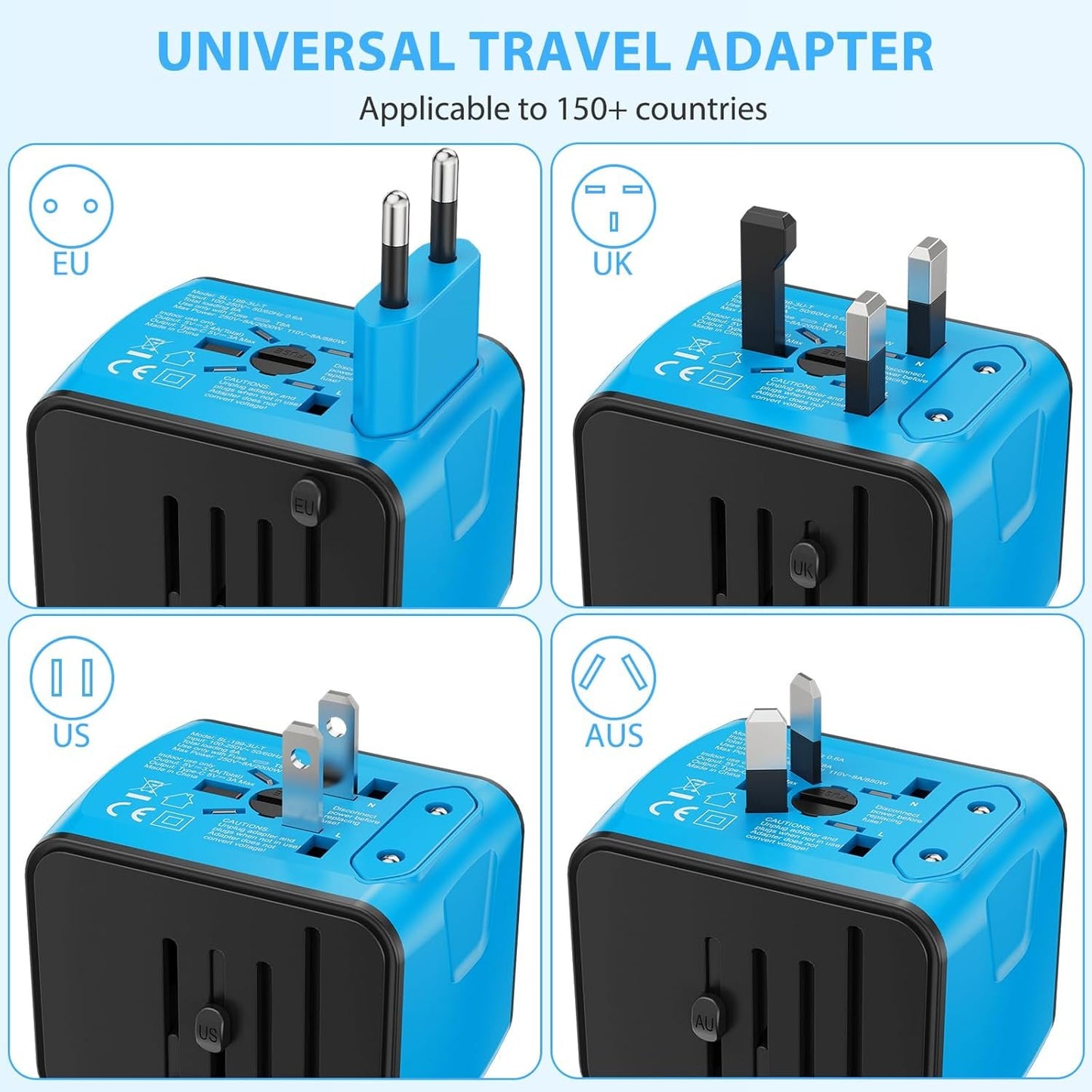 Universal International Travel Power Adapter, All in One Wall Charger with High Speed 2.4A 3xUSB, 3.0A Type-C, European Adapter, Worldwide AC Outlet Plugs for UK, EU, AU & Asia (Blue)