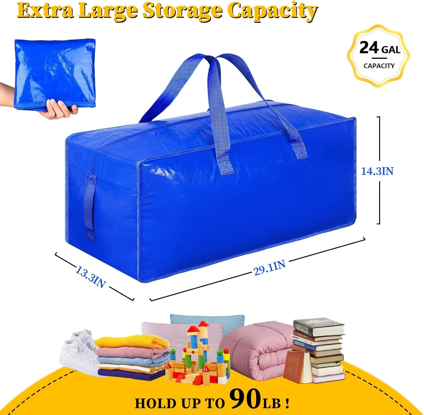 Extra Large Heavy Duty Carry Bags with Backpack Straps, Strong Handles and Zippers, Space Saving Storage Bags, Made of Recycled Material (Blue,Set of 8)