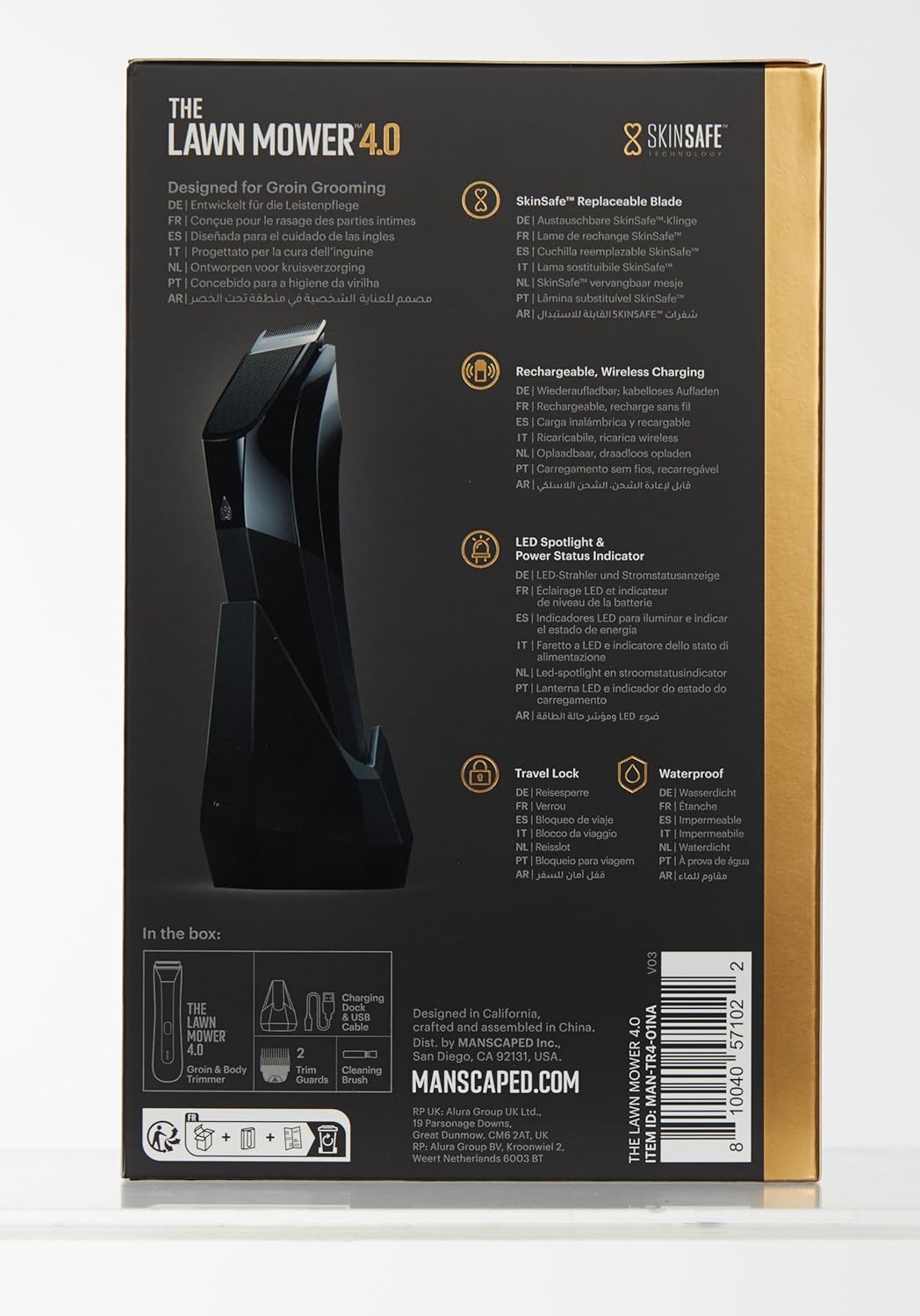 MANSCAPED® The Lawn Mower® 4.0, Electric Groin Hair Trimmer, Replaceable SkinSafe® Ceramic Blade Heads, Waterproof Wet/Dry Clippers, Rechargeable, Wireless Charging, Male Hygiene Grooming Razor