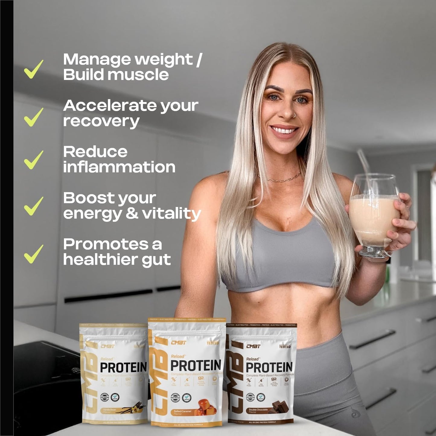 CMBT Reload Protein Powder, 22g Plant-Based Protein, Gut Health, Anti-Inflammatory, Clean Energy, Hydration Support, Banned Substance Tested, Salted Caramel, 450g