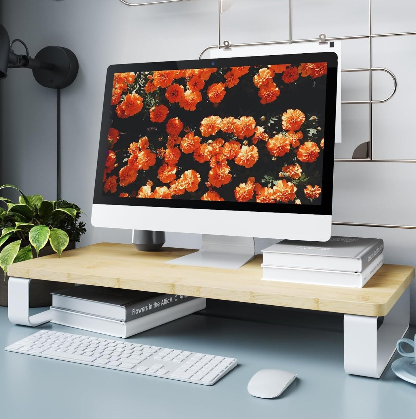 KD Essentials – heavy duty monitor stand made from bamboo with white metal (XL desktop organizer, PC/laptop/screen riser, improved ergonomic comfort, easy assembly – 23.6×11×3.86in)