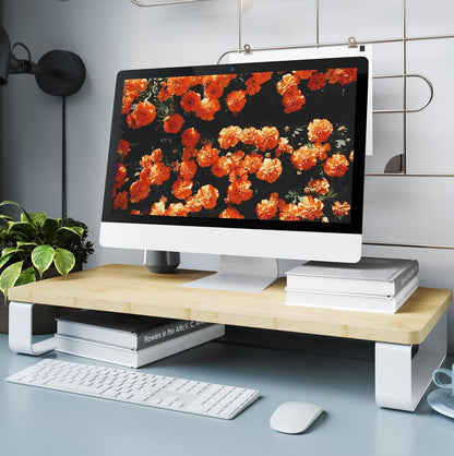 KD Essentials – heavy duty monitor stand made from bamboo with white metal (XL desktop organizer, PC/laptop/screen riser, improved ergonomic comfort, easy assembly – 23.6×11×3.86in)