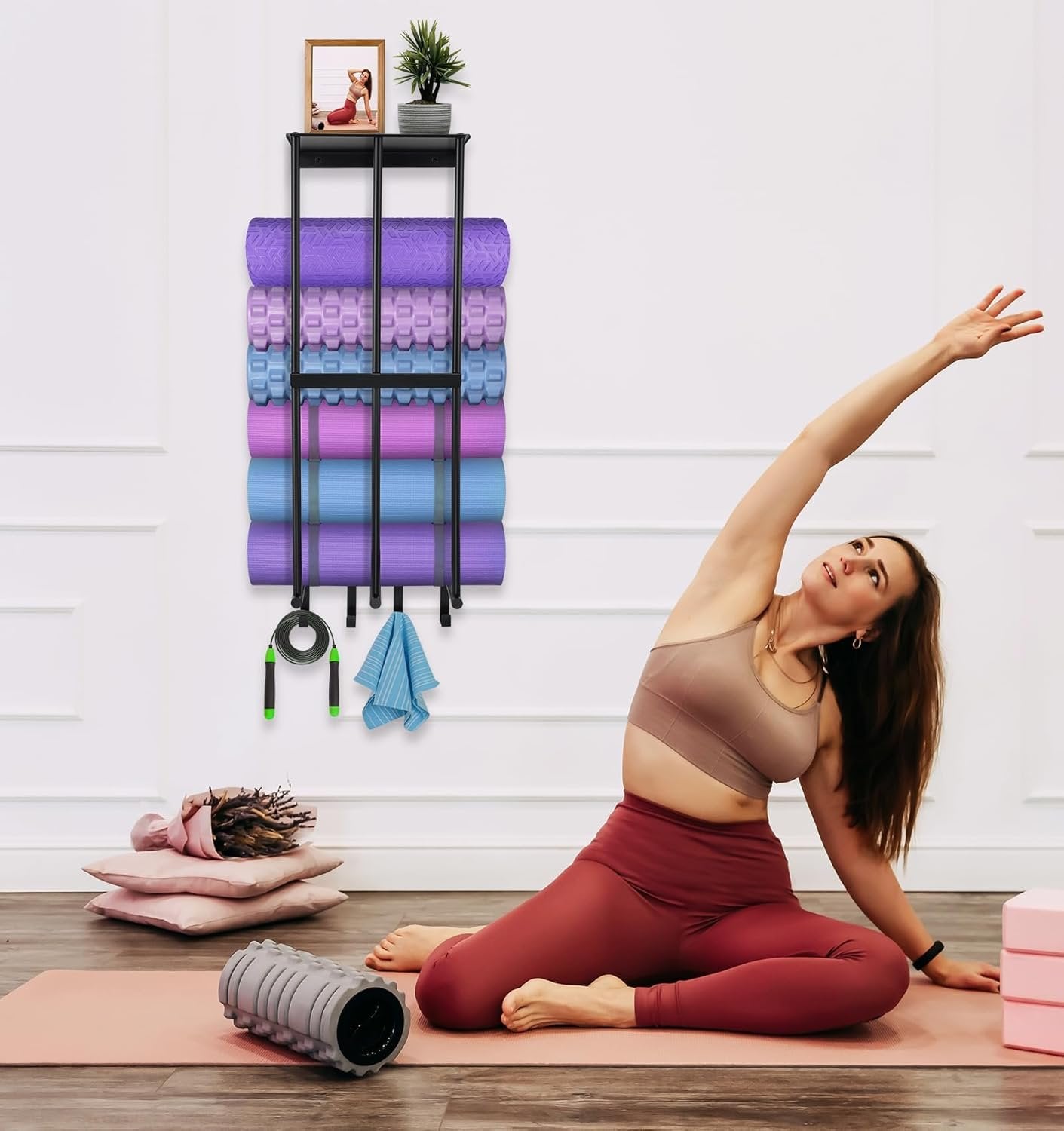 DNYLHRLZ Yoga Mat HolderYoga Mat Holder Wall MountHome Gym Accessories Organizer,Towel Storage Rackwith 4 Hooks for Hanging Foam Roller and Resistance Bands Gym Organization for Home Gym