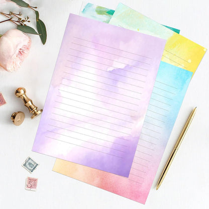 Watercolor Stationary Paper and Envelopes Set, 24 PCS Colorful Writing Stationery Paper with 12 PCS Envelopes,Pretty Watercolor Styles Stationery Printed Design for Love Letter, Party Invitations