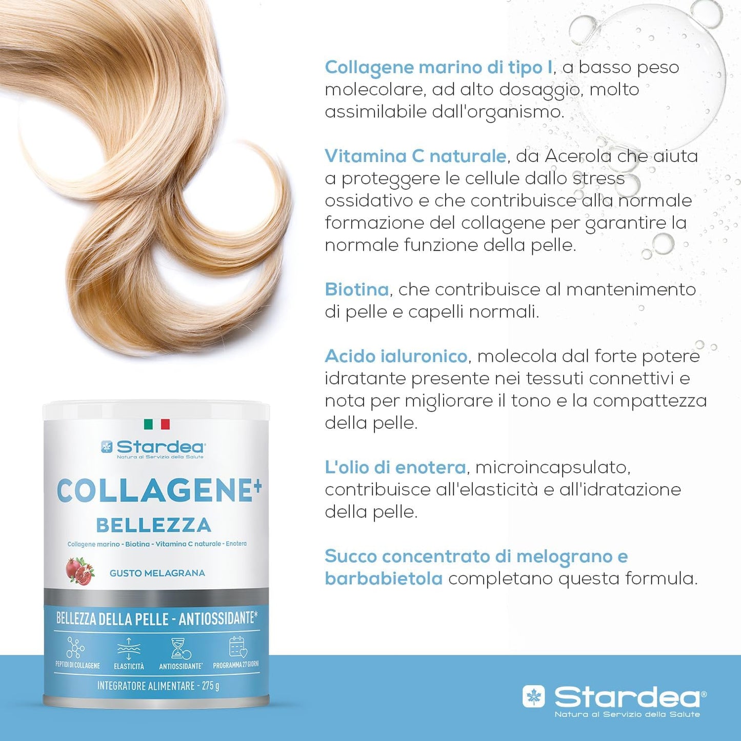 STARDEA Collagen + Beauty | Hydrolyzed Marine Collagen Type 1 with Hyaluronic Acid and Biotin | Hydration, Anti-ageing Skin Tone, Skin and Hair Flavour Pomegranate Powder 275 g