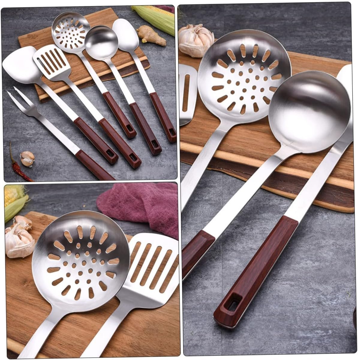 LIFKOME 1 Set 7 Pezzi Set Da Cucina Pezzi Gadget e Utensili Da Cucina Cucchiai Da Minestra Cinesi Pentole Antiaderenti Spatola Wok Pinze Metalliche Acciaio Inossidabile Anti-aderente