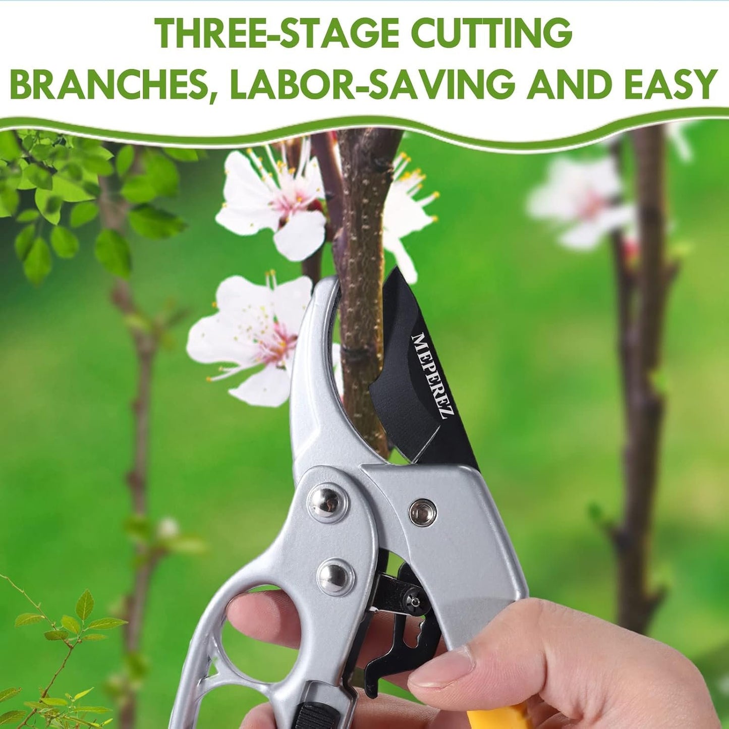 MEPEREZ Garden clippers, German pruners, ratchet pruning shears, work 3 times easier, gardening tools, for trimming rose, floral, tree, live plants, sharp garden scissors, arthritis weak hand snips